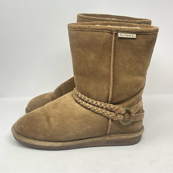 BearPaw Adele Boots Womens 9 Brown Tan Suede Fur Lined Mid Calf Braided Strap - Picture 4 of 16